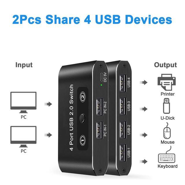 USB 2.0 Switch 2 In 4 Out KVM USB Switcher 2 Computers Share 4 USB Port Selector Box For Keyboard Mouse Printer U-Disk One-Button Swapping With 2 USB A Cable Compatible With Mac/Windows/Linux