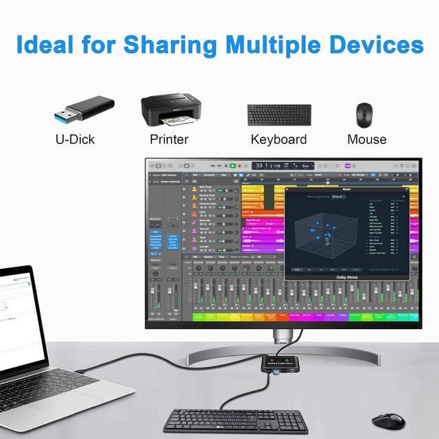 USB 2.0 Switch 2 In 4 Out KVM USB Switcher 2 Computers Share 4 USB Port Selector Box For Keyboard Mouse Printer U-Disk One-Button Swapping With 2 USB A Cable Compatible With Mac/Windows/Linux