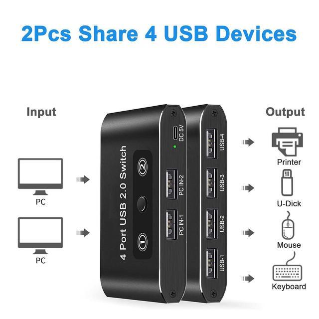 USB 2.0 Switch 2 In 4 Out KVM USB Switcher 2 Computers Share 4 USB Port Selector Box For Keyboard Mouse Printer U-Disk One-Button Swapping With 2 USB A Cable Compatible With Mac/Windows/Linux