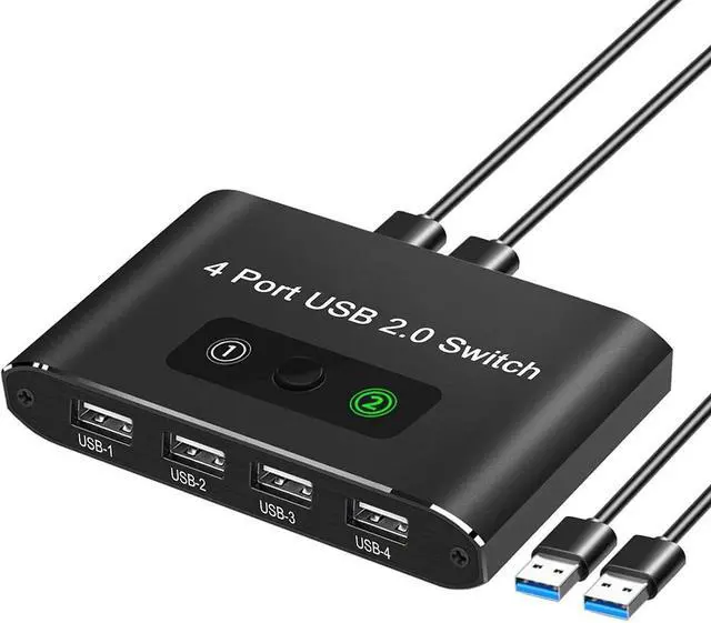 USB 2.0 Switch 2 in 4 Out KVM USB Switcher 2 Computers Share 4 USB Port Selector Box for Keyboard Mouse Printer U-Disk One-Button Swapping with 2 USB A Cable Compatible with Mac/Windows/Linux