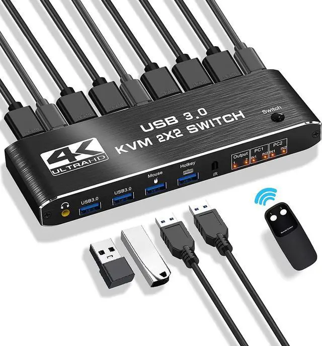 USB 3.0 2x2 KVM Switch 2 Monitors 2 Computers USB3.0 HDMI KVM Switch Dual Monitor Sharing 4 USB Devices for Keyboard Mouse Scanner 4K 60Hz KVM Switches Support Audio Hotkey Button Switching