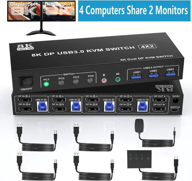 USB 3.0 Displayport 4x2 KVM Switch for 2 Monitors 4 Computers 8K 60Hz 4K 144Hz DP1.4 Dual Monitor Displayport KVM Switch 4 Port with Audio Microphone Output and 3 USB 3.0 DP Monitor Switch for 4 PCs