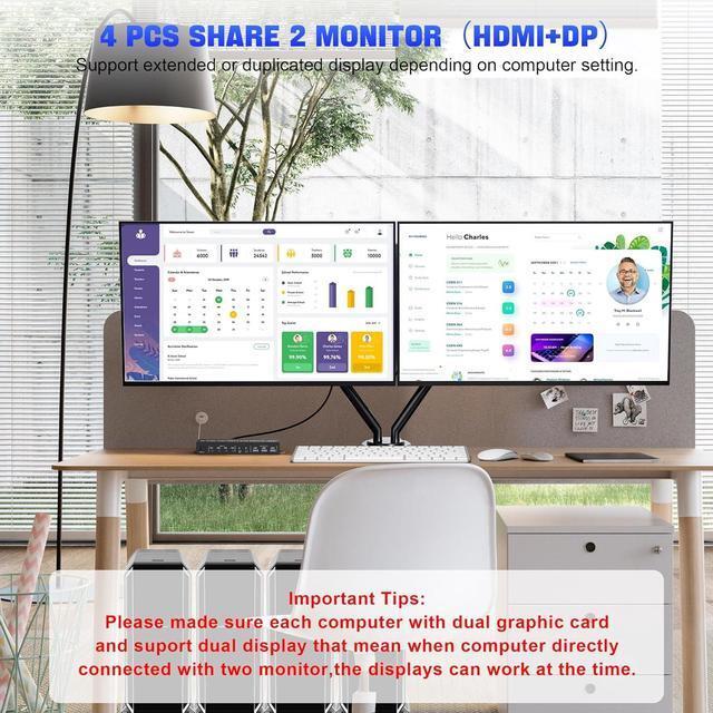 USB 3.0 Displayport + HDMI Dual Monitor KVM Switch 2 Monitors 4 Computers 4K 60Hz KVM Switch 4 In 2 Out For 4 PC Share Keyboard Mouse With Audio Microphone And 3 USB 3.0 Ports DP + HDMI KVM Switch