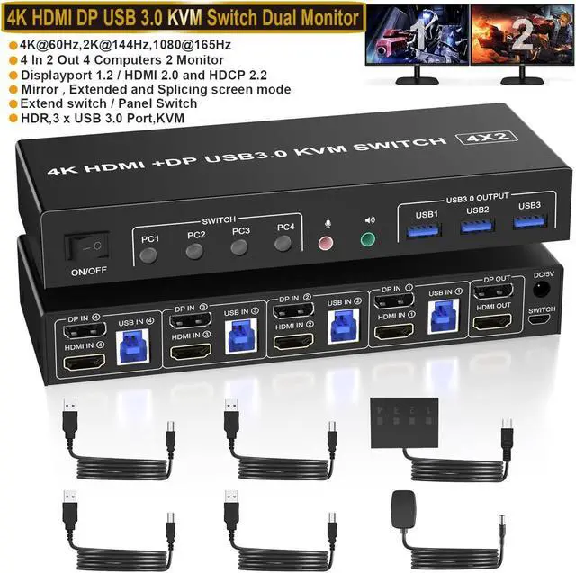 USB 3.0 Displayport + HDMI Dual Monitor KVM Switch 2 Monitors 4 Computers 4K 60Hz KVM Switch 4 in 2 Out for 4 PC Share Keyboard Mouse with Audio Microphone and 3 USB 3.0 Ports DP + HDMI KVM Switch