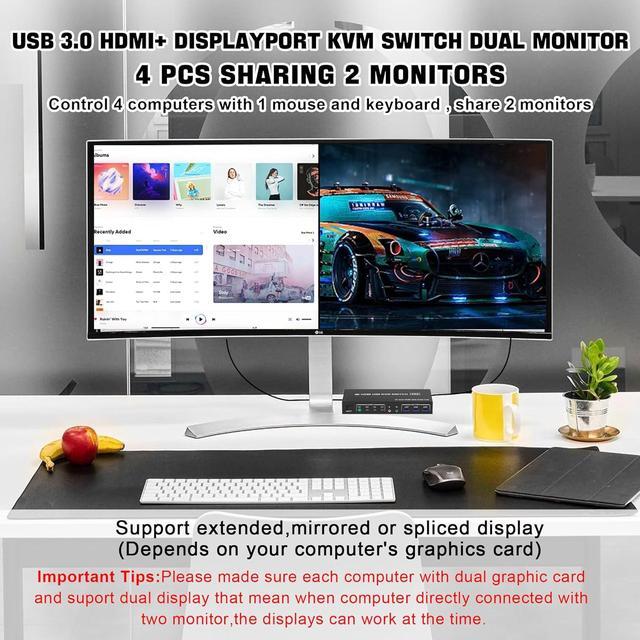 USB 3.0 Displayport+HDMI Dual Monitor KVM Switch For 4 PCs 4K 60Hz KVM Switch 2 Monitors 4 Computers With Audio Microphone Output And 3 USB 3.0 Ports HDMI+DP Monitor KVM Switch For 4 PCs 2 Monitors