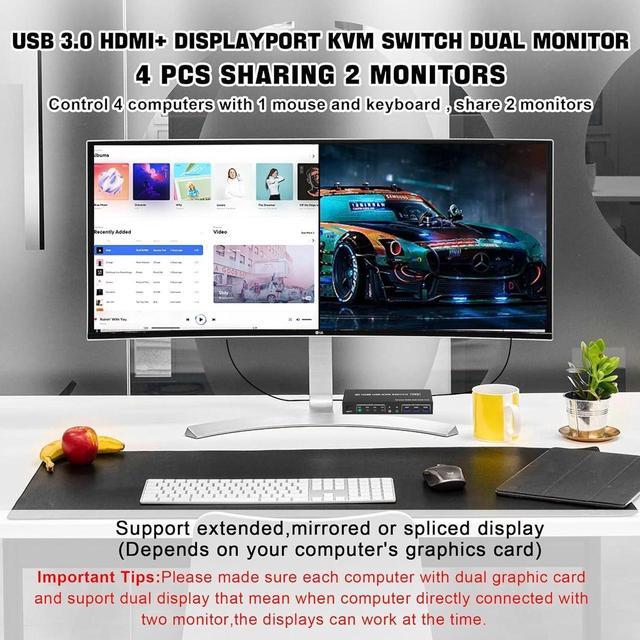 USB 3.0 Displayport+HDMI Dual Monitor KVM Switch For 4 PCs 4K 60Hz KVM Switch 2 Monitors 4 Computers With Audio Microphone Output And 3 USB 3.0 Ports HDMI+DP Monitor KVM Switch For 4 PCs 2 Monitors