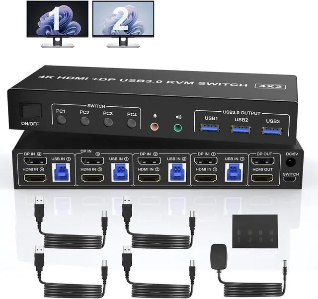 USB 3.0 Displayport+HDMI Dual Monitor KVM Switch for 4 PCs 4K 60Hz KVM Switch 2 Monitors 4 Computers with Audio Microphone Output and 3 USB 3.0 Ports HDMI+DP Monitor KVM Switch for 4 PCs 2 Monitors