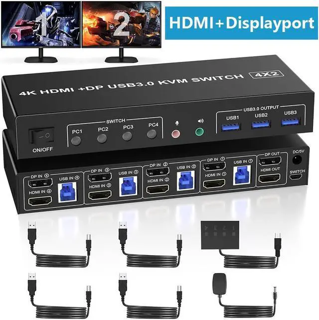 USB 3.0 Displayport + HDMI KVM Switch 2 Monitors 4 Computers 4K 60Hz KVM Switch Dual Monitor 4 PC with Audio Microphone and 3 USB 3.0 Ports 4 Port HDMI+DP Dual Monitor KVM Switch for 4 PC 2 Monitors