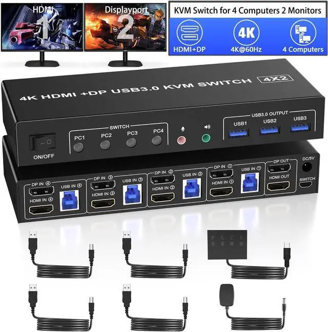 USB 3.0 Displayport + HDMI KVM Switch 2 Monitors 4 Computers 4K 60Hz KVM Switches with Audio Microphone and 3 USB 3.0 Ports 4 Port HDMI + DP Dual Monitor Switch for 4 PCs 2 Monitors