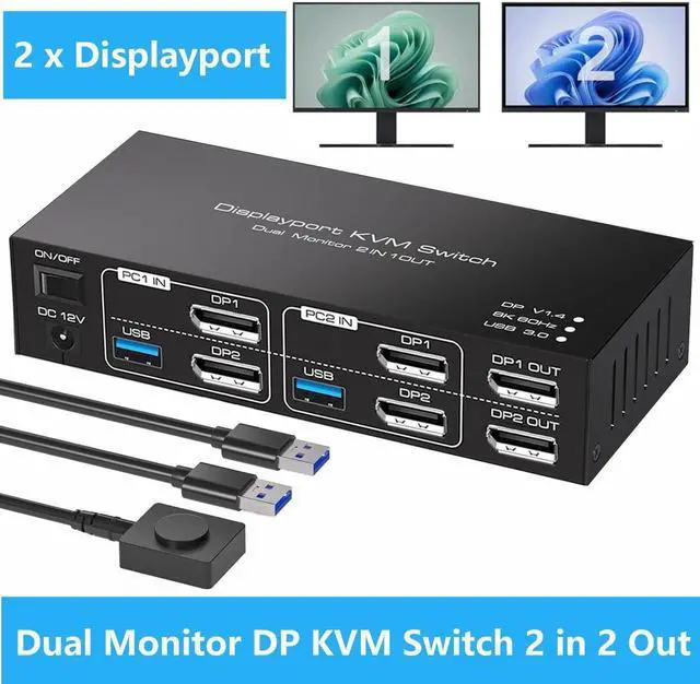 USB 3.0 Displayport KVM Switch 2 Monitors 2 Computers 8K 60Hz 4K 144Hz Dual Monitor Displayport 1.4 KVM Switches with 4 USB 3.0 Ports 2 in 2 Out DP USB 3.0 KVM Switch for 2 PCs 2 Monitors