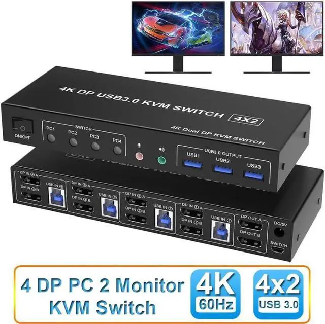 USB 3.0 Displayport KVM Switch 2 Monitors 4 Computers 4K 60Hz Dual Monitor Displayport KVM Switch 4 Port with Audio Microphone Output and 3 USB 3.0 Ports Display Port KVM Switch 4 in 2 Out