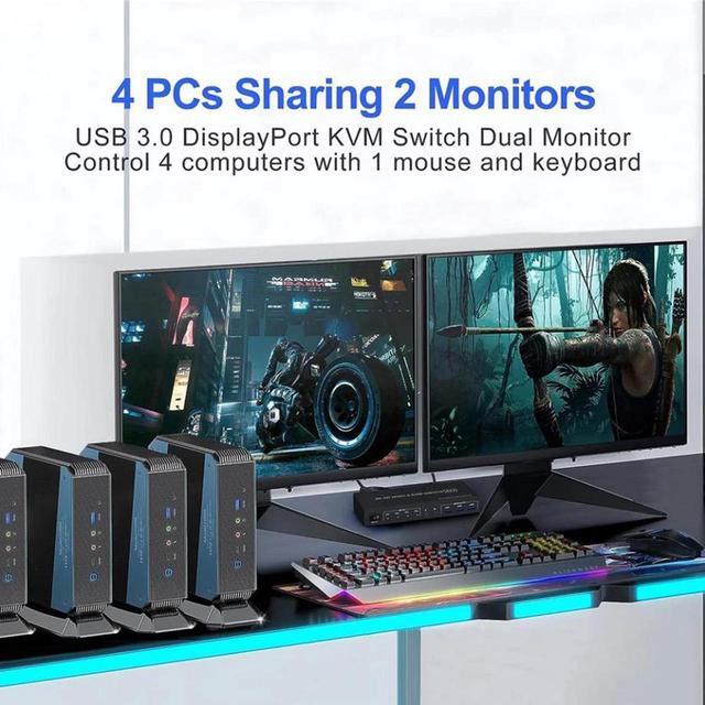 USB 3.0 Displayport KVM Switch 2 Monitors 4 Computers 8K 60Hz Dual Monitor KVM Switch 4 In 2 Out With Audio Output And 3 USB3.0 Ports 4 Port Displayport Dual Monitor KVM Switch For 4 Computer