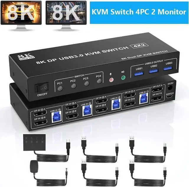 USB 3.0 Displayport KVM Switch 2 Monitors 4 Computers 8K 60Hz Dual Monitor KVM Switch 4 in 2 Out with Audio Output and 3 USB3.0 Ports 4 Port Displayport Dual Monitor KVM Switch for 4 Computer