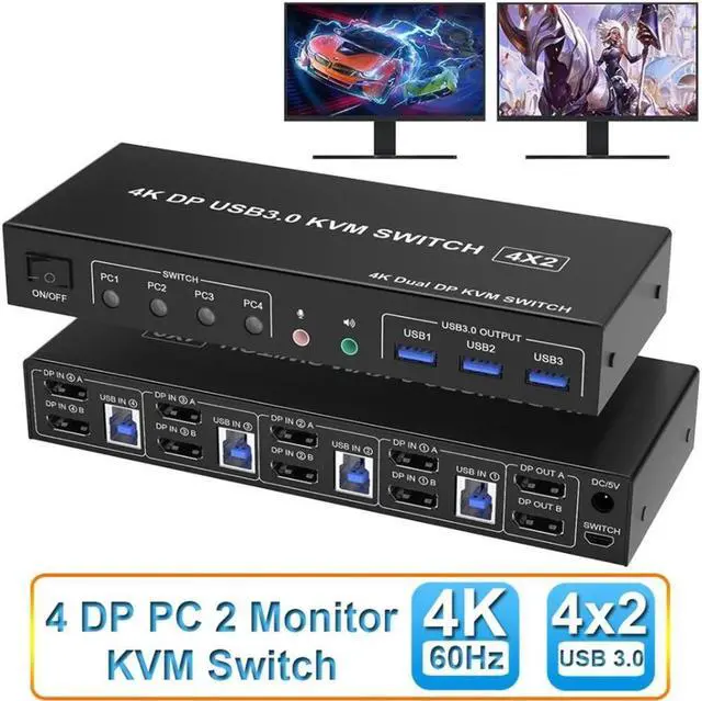 USB 3.0 Displayport KVM Switch 2 Monitors 4 Computers 4K 60Hz Dual Monitor Displayport KVM Switch 4 Port with Audio Microphone Output and 3 USB 3.0 Ports Display Port KVM Switch 4 in 2 Out