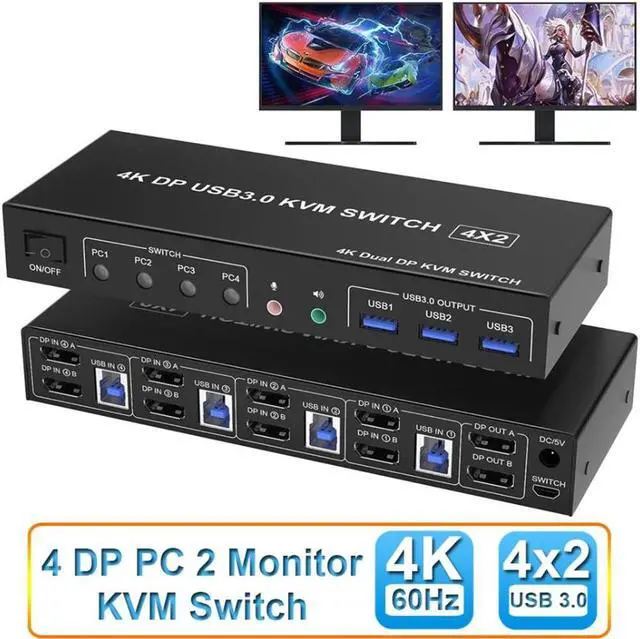USB 3.0 Displayport KVM Switch 2 Monitors 4 Computers 4K 60Hz Dual Monitor Displayport KVM Switch 4 Port with Audio Microphone Output and 3 USB 3.0 Ports Display Port KVM Switch 4 in 2 Out