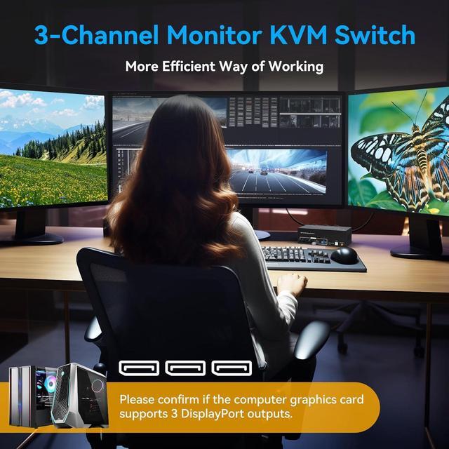 USB 3.0 Displayport KVM Switch 3 Monitors 2 Computers 8K 60Hz 4K 120Hz EDID Emulator Triple Monitor DP KVM Switch For 2 Computers Share 3 Displays And 4 USB 3.0 Ports Wired Remote And Cables