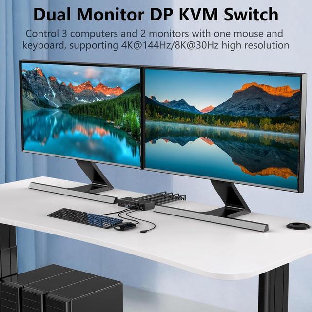 USB 3.0 Displayport KVM Switch 3 PC 2 Monitors 4K 144Hz 8K 30Hz Dual Monitor KVM Switch 3 In 2 Out With DisplayPort 1.4 And 4 USB 3.0 Ports For 2 PC/Laptops With DP+USB Cable And Desktop Controller