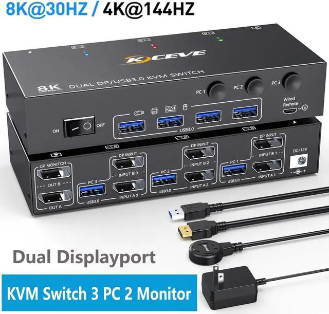 USB 3.0 Displayport KVM Switch 3 PC 2 Monitors 4K 144Hz 8K 30Hz Dual Monitor KVM Switch 3 in 2 Out with DisplayPort 1.4 and 4 USB 3.0 Ports for 2 PC/Laptops with DP+USB Cable and Desktop Controller