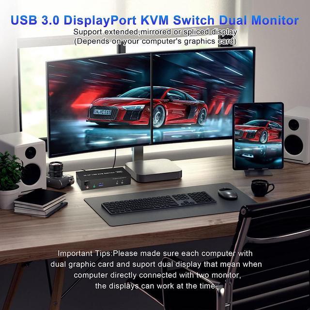 USB 3.0 DisplayPort KVM Switch Dual Monitor 4K 60Hz Extended Display 2 Computers 2 Monitors Displayport Switch With Audio Microphone Output And 3 USB 3.0 Ports PC Monitor Keyboard Mouse Switcher