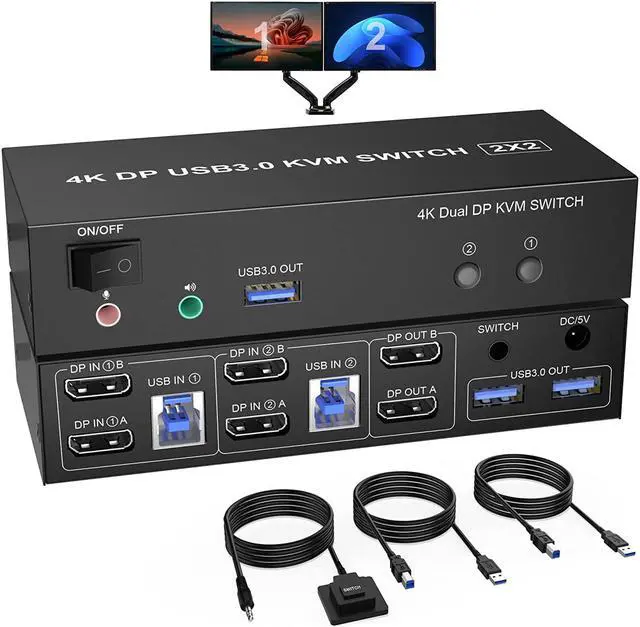 USB 3.0 DisplayPort KVM Switch Dual Monitor 4K 60Hz Extended Display 2 Computers 2 Monitors Displayport Switch with Audio Microphone Output and 3 USB 3.0 Ports PC Monitor Keyboard Mouse Switcher