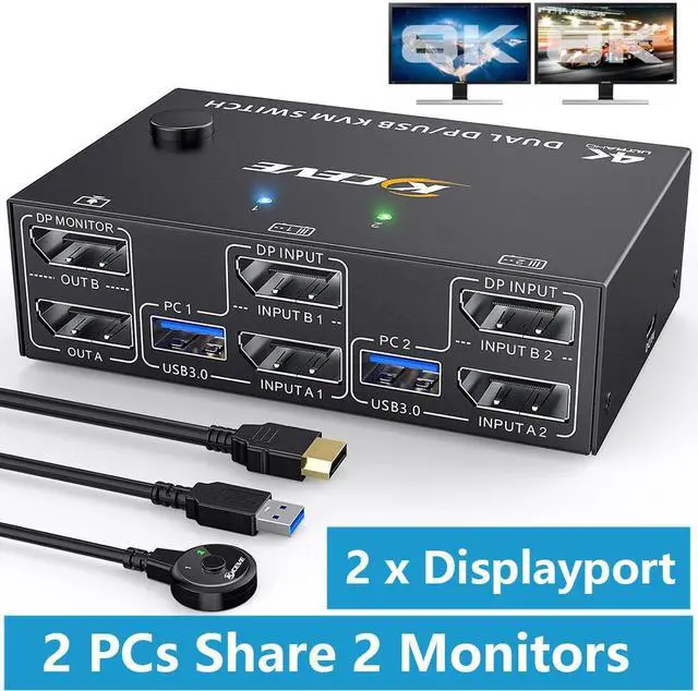 USB 3.0 Displayport KVM Switch for 2 Monitors 2 Computers 8K 30Hz 4K 144Hz Dual Monitor Displayport KVM Switches with 4 USB 3.0 Port for USB Device Wired Remote and 4 Cable Included