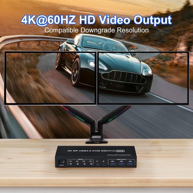 USB 3.0 Displayport KVM Switch For 4 Computers 2 Monitors 4K 60Hz Dual Monitor Displayport KVM Switch 4 Port With Audio Microphone Output And 3 USB 3.0 Ports DP Monitor Switch For 4 PCs 2 Monitors