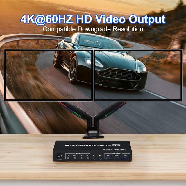 USB 3.0 Displayport KVM Switch For 4 Computers 2 Monitors 4K 60Hz Dual Monitor Displayport KVM Switch 4 Port With Audio Microphone Output And 3 USB 3.0 Ports DP Monitor Switch For 4 PCs 2 Monitors