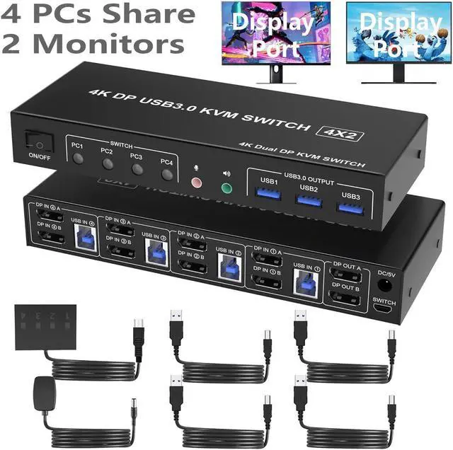 USB 3.0 Displayport KVM Switch for 4 Computers 2 Monitors 4K 60Hz Dual Monitor Displayport KVM Switch 4 Port with Audio Microphone Output and 3 USB 3.0 Ports DP Monitor Switch for 4 PCs 2 Monitors