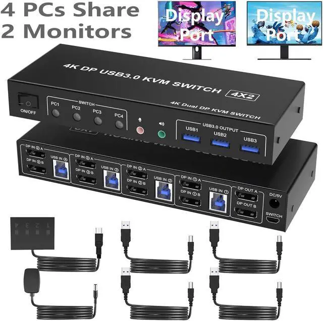 USB 3.0 Displayport KVM Switch for 4 Computers 2 Monitors 4K 60Hz Dual Monitor Displayport KVM Switch 4 Port with Audio Microphone Output and 3 USB 3.0 Ports DP Monitor Switch for 4 PCs 2 Monitors