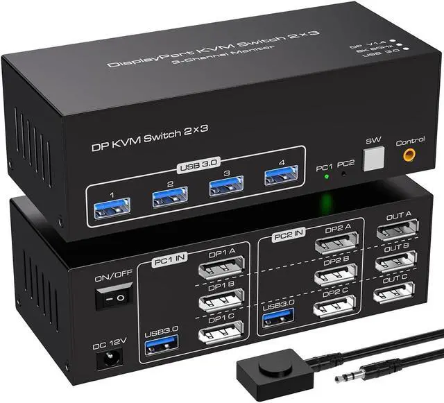 USB 3.0 Displayport KVM Switch Triple Monitor 8K 60Hz 2K 120Hz USB DP Extended Display Switcher for 2 Computers 3 Monitors and 4 USB 3.0 Ports EDID Support Extended & Duplicate Mode