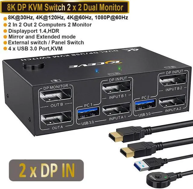 USB 3.0 DP KVM Switch for 2 PC 2 Monitors 8K 30Hz 4K 144Hz Extended Display 2 in 2 Out Dual Monitor Displayport 1.4 KVM Switch for 4 USB Devices Mouse Keyboard with 2 USB3.0 and 2 DP Cables