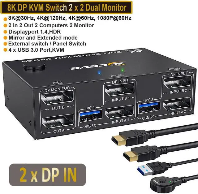 USB 3.0 DP KVM Switch for 2 PC 2 Monitors 8K 30Hz 4K 144Hz Extended Display 2 in 2 Out Dual Monitor Displayport 1.4 KVM Switch for 4 USB Devices Mouse Keyboard with 2 USB3.0 and 2 DP Cables