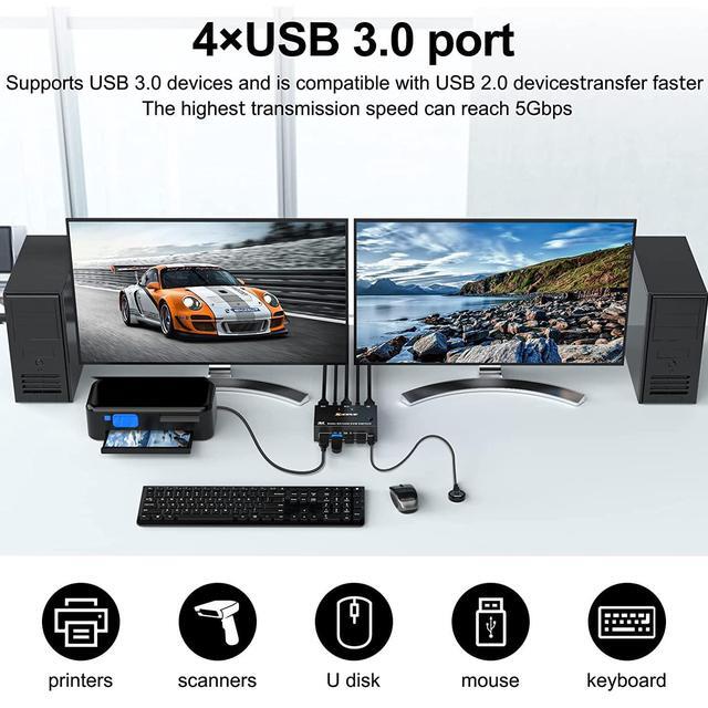 USB 3.0 Dual Monitor DisplayPort KVM Switch 8K 30Hz 4K 60Hz 2 In 2 Out DP KVM Switch 2 PC 2 Monitors KVM Switches With 4 USB 3.0 Ports For 2 PCs With DP+USB Cable And Desktop Controller