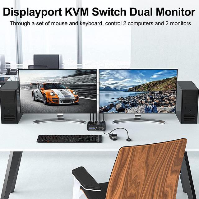 USB 3.0 Dual Monitor DisplayPort KVM Switch 8K 30Hz 4K 60Hz 2 In 2 Out DP KVM Switch 2 PC 2 Monitors KVM Switches With 4 USB 3.0 Ports For 2 PCs With DP+USB Cable And Desktop Controller
