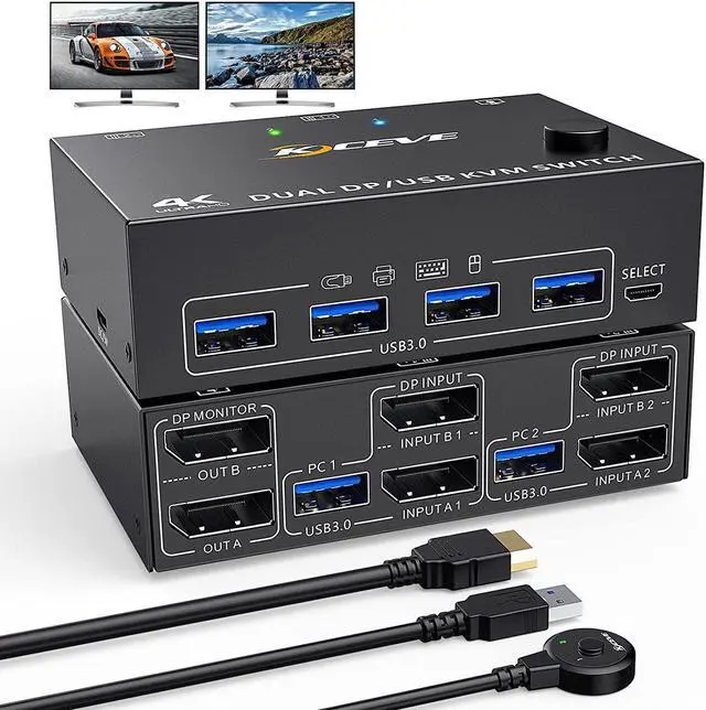USB 3.0 Dual Monitor DisplayPort KVM Switch 8K 30Hz 4K 60Hz 2 in 2 Out DP KVM Switch 2 PC 2 Monitors KVM switches with 4 USB 3.0 ports for 2 PCs with DP+USB cable and desktop controller