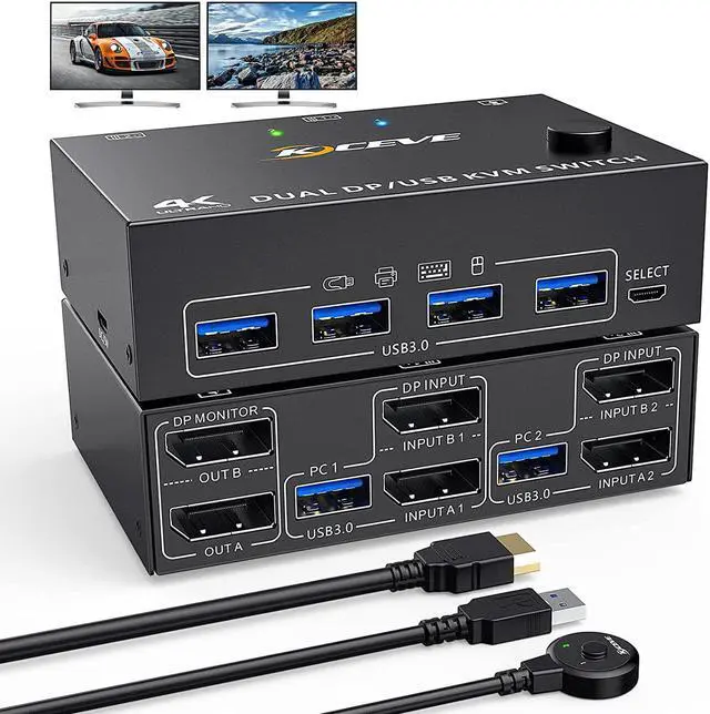 USB 3.0 Dual Monitor DisplayPort KVM Switch 8K 30Hz 4K 60Hz 2 in 2 Out DP KVM Switch 2 PC 2 Monitors KVM switches with 4 USB 3.0 ports for 2 PCs with DP+USB cable and desktop controller