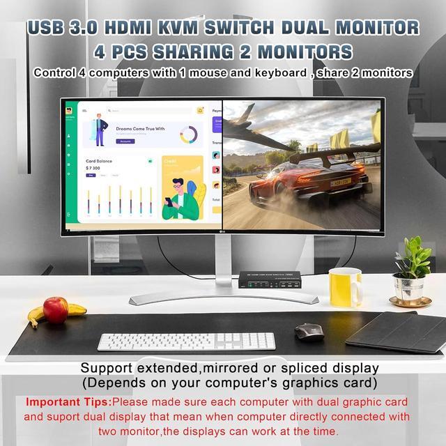 USB 3.0 Dual Monitor HDMI KVM Switch For 4 PCs Supports EDID 4K 60Hz KVM Switch 2 Monitors 4 Computers With Audio Microphone Output And 3 USB 3.0 Ports PC Monitor Keyboard Mouse Switcher For 4 PC