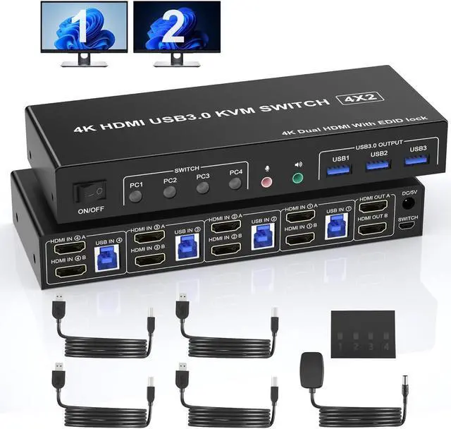 USB 3.0 Dual Monitor HDMI KVM Switch for 4 PCs Supports EDID 4K 60Hz KVM Switch 2 Monitors 4 Computers with Audio Microphone Output and 3 USB 3.0 Ports PC Monitor Keyboard Mouse Switcher for 4 PC