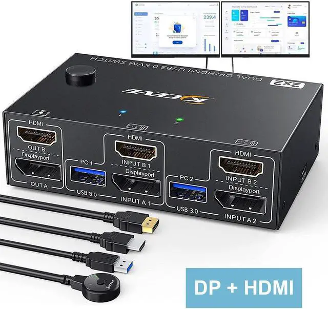 USB 3.0 Dual Monitor KVM Switch Displayport + HDMI 4K 60Hz 2K 120Hz 2 Monitors 2 Computers KVM Switch for 2 Computer Share 2 Display and 4 USB3.0 Devices Wired Remote and 4 Cables Included