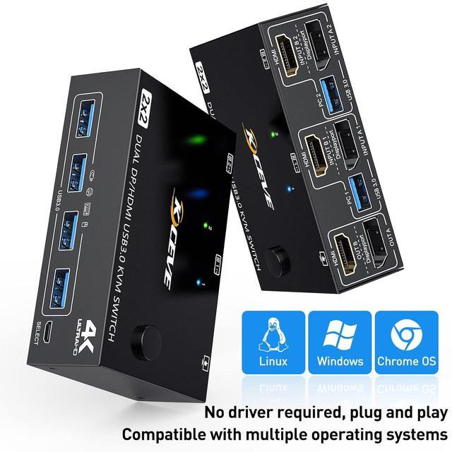 USB 3.0 Dual Monitor KVM Switch Displayport+ HDMI 4K 60Hz 2K 120Hz HDMI DP Extended Display Switcher For 2 Computers Share 2 Monitors And 4 USB 3.0 Ports Wired Remote And 4 Cables Included