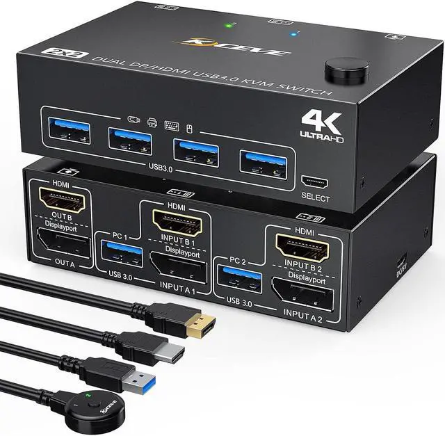 USB 3.0 Dual Monitor KVM Switch Displayport+ HDMI 4K 60Hz 2K 120Hz HDMI DP Extended Display Switcher for 2 Computers Share 2 Monitors and 4 USB 3.0 Ports Wired Remote and 4 Cables Included