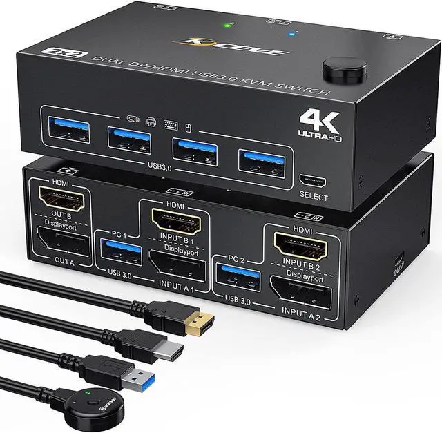 USB 3.0 Dual Monitor KVM Switch Displayport+ HDMI 4K 60Hz 2K 120Hz HDMI DP Extended Display Switcher for 2 Computers Share 2 Monitors and 4 USB 3.0 Ports Wired Remote and 4 Cables Included