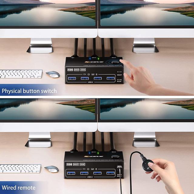 USB 3.0 Dual Monitor KVM Switch HDMI 2 Port 4K 60Hz Simulation EDID USB HDMI Extended Display Switcher For 2 Computers Share 2 Monitors And 4 USB 3.0 Devices Wired Controller&Cables (1.5m) Included