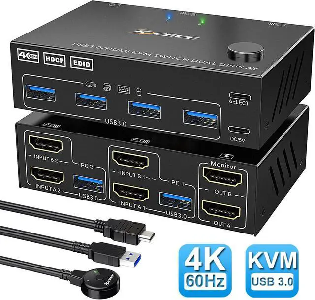 USB 3.0 Dual Monitor KVM Switch HDMI 2 Port 4K 60Hz Simulation EDID 2 in 2 Out Switch USB HDMI Extended Display Switcher for 2 Computers Share 2 Monitors and 4 USB 3.0 Devices with Wired Controller