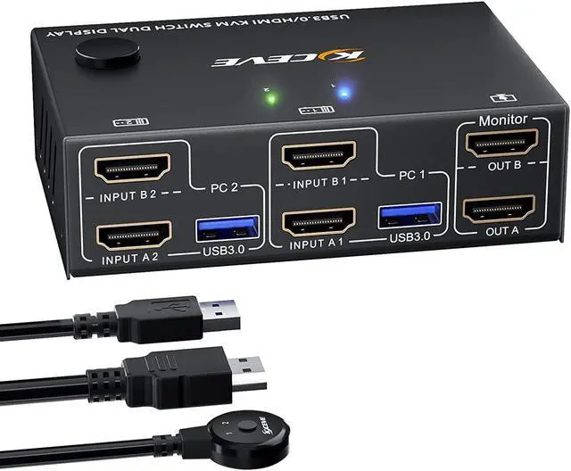 USB 3.0 Dual Monitor KVM Switch HDMI 2 Port 4K 60Hz Simulation EDID USB HDMI Extended Display Switcher for 2 Computers Share 2 Monitors and 4 USB 3.0 Devices Wired Controller&Cables (1.5m) Included