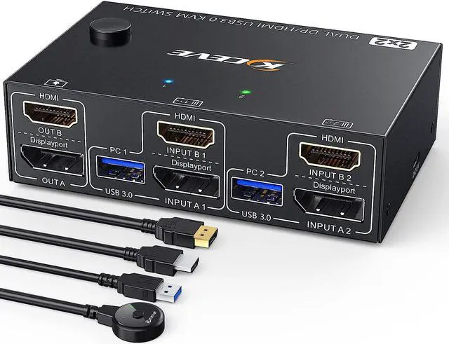 USB 3.0 Dual Monitor KVM Switch HDMI+Displayport 4K 60Hz 2K 120Hz Camgeet 2 Monitors 2 Computers KVM Switch for 2 Computer Share 2 Display and 4 USB3.0 Devices.Wired Remote and 4 Cables Included