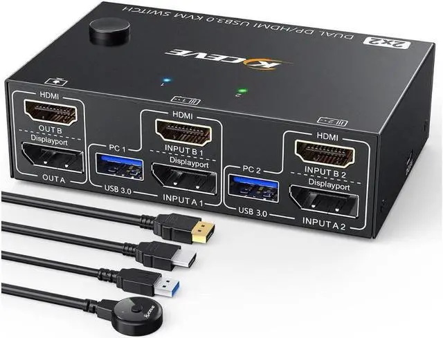 USB 3.0 Dual Monitor KVM Switch HDMI+Displayport 4K 60Hz 2K 120Hz Camgeet 2 Monitors 2 Computers KVM Switch for 2 Computer Share 2 Display and 4 USB3.0 Devices.Wired Remote and 4 Cables Included