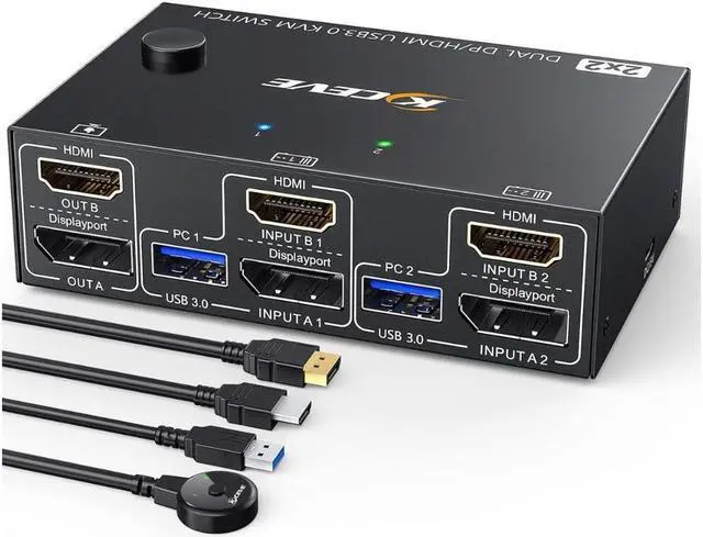 USB 3.0 Dual Monitor KVM Switch HDMI+Displayport 4K 60Hz 2K 120Hz Camgeet 2 Monitors 2 Computers KVM Switch for 2 Computer Share 2 Display and 4 USB3.0 Devices.Wired Remote and 4 Cables Included