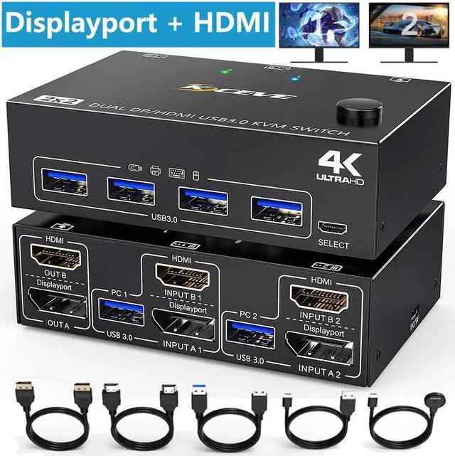 USB 3.0 Dual Monitor KVM Switch HDMI+Displayport 4K 60Hz 2K 120Hz 2 in 2 Out [DP + HDMI] USB 3.0 KVM Switch for 2 Computers Share 2 Display and 4 USB3.0 Devices Wired Remote and 4 Cables Included