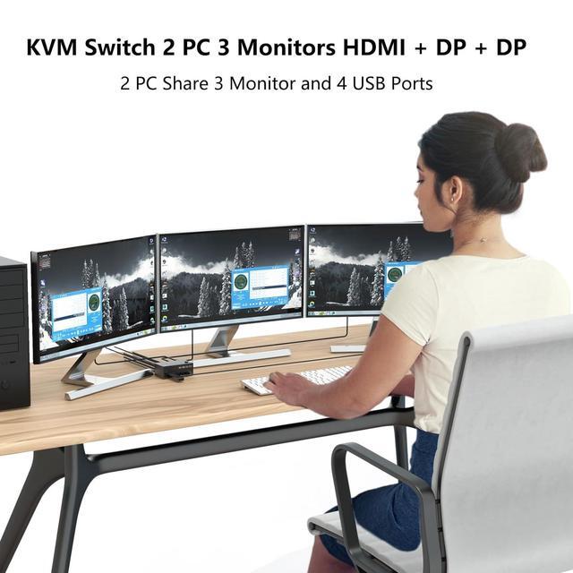 USB 3.0 HDMI + 2 DisplayPort KVM Switch 3 Monitors 2 Computers 8K 60Hz KVM Switch 4K 144Hz KVM Switch Displayport 1.4 + HDMI 2.1 For 2 PC Share Mouse Keyboard And 3 Monitors With Wired Remote